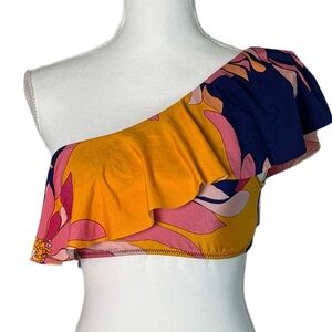 Trina Turk Breeze Ruffle One Shoulder Swim Top With Removable Pads NWT Size 10